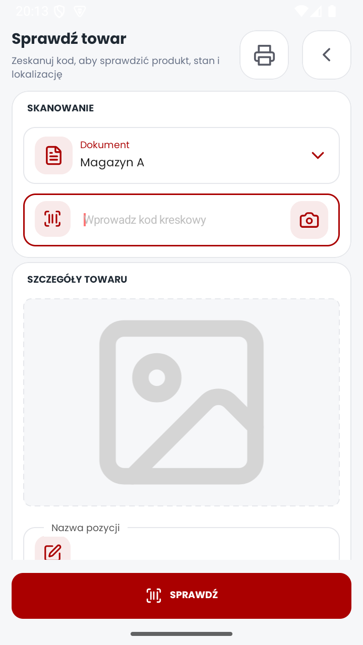 Ekran Sprawdź towar z danymi towaru