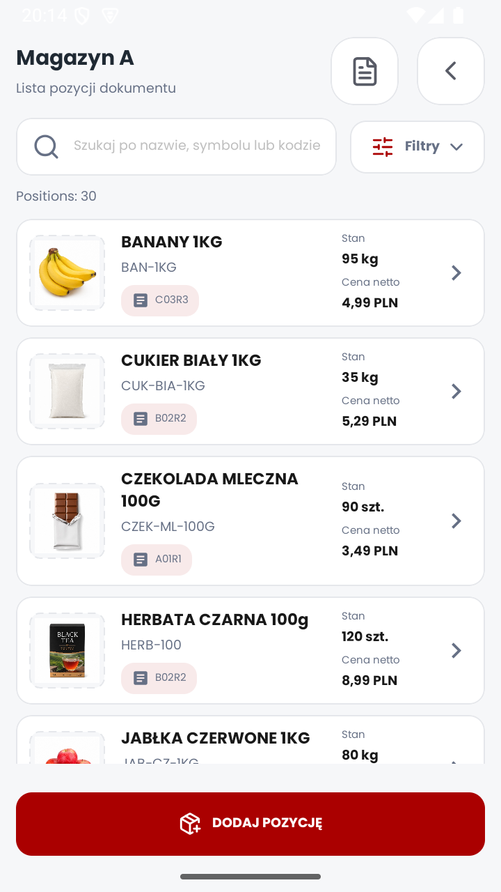 Lista pozycji dokumentu Bazy towarów