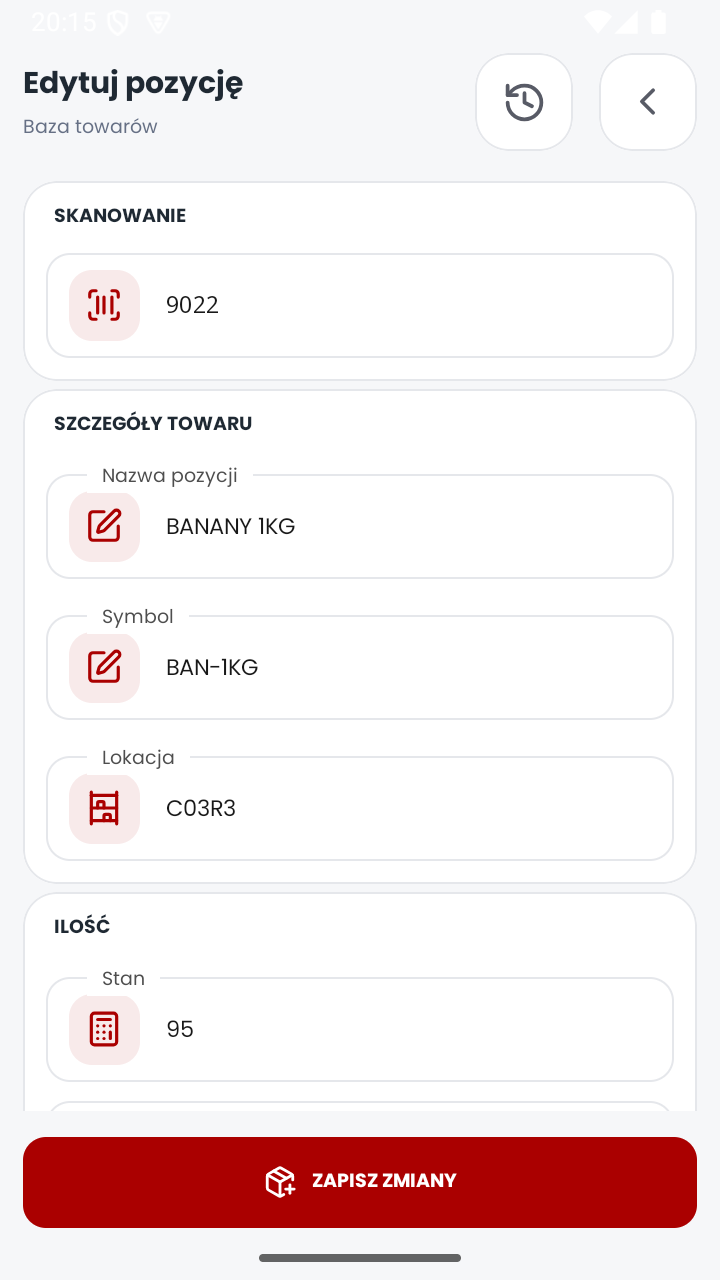 Formularz edycji pozycji Bazy towarów