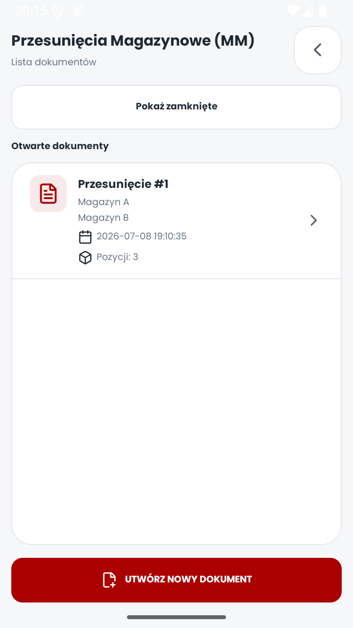 Lista dokumentów przesunięć magazynowych
