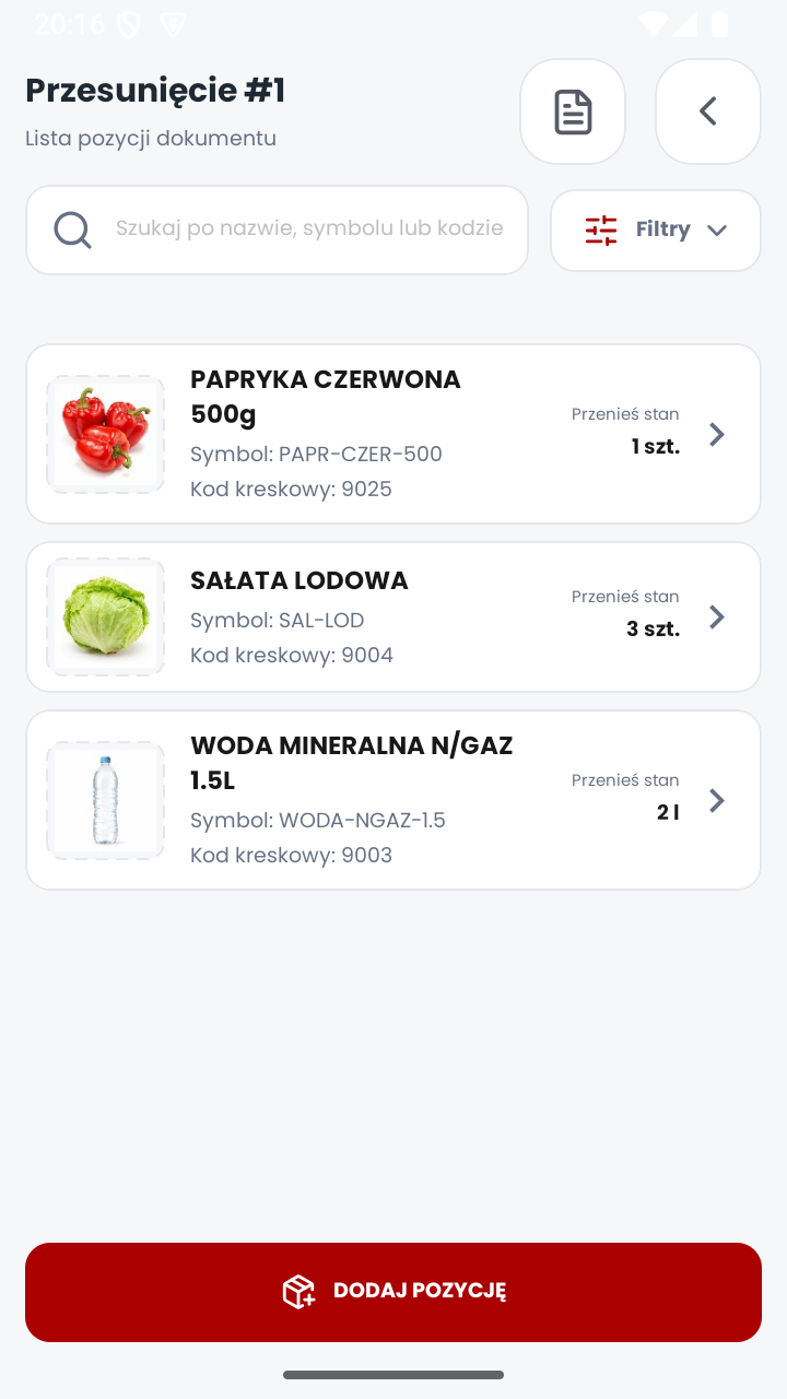 Lista pozycji dokumentu przesunięcia