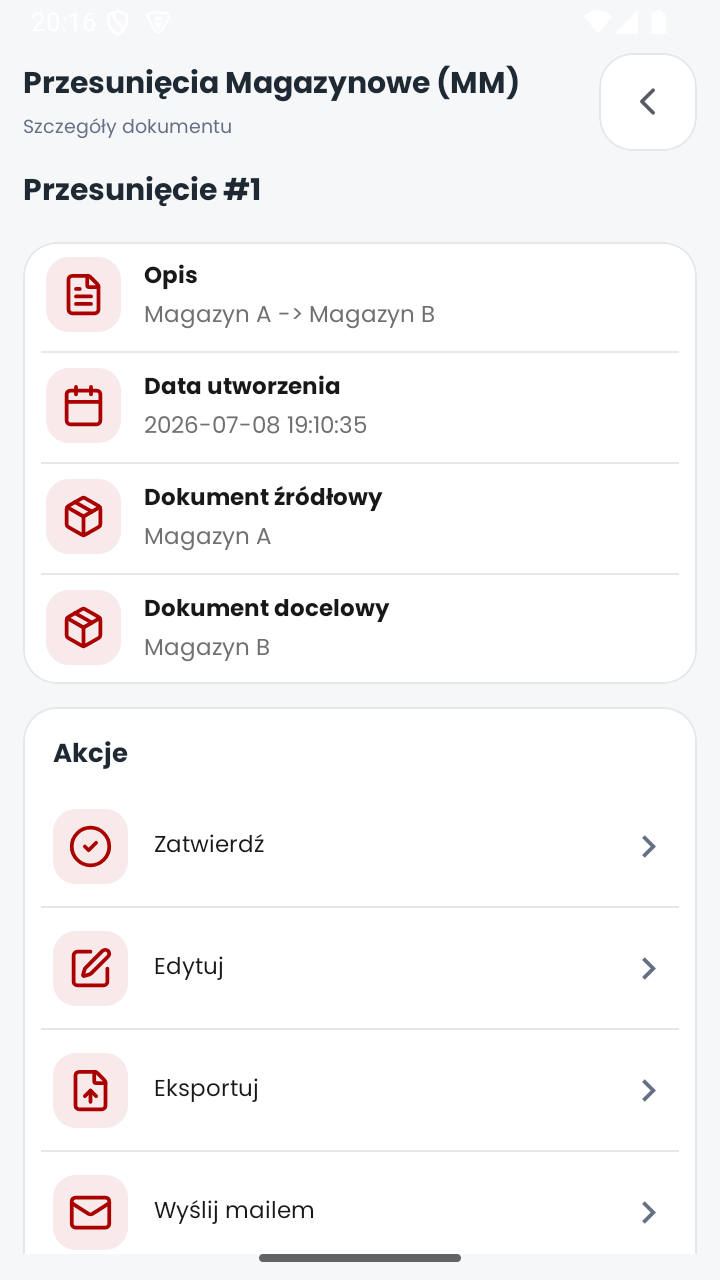 Szczegóły dokumentu przesunięcia