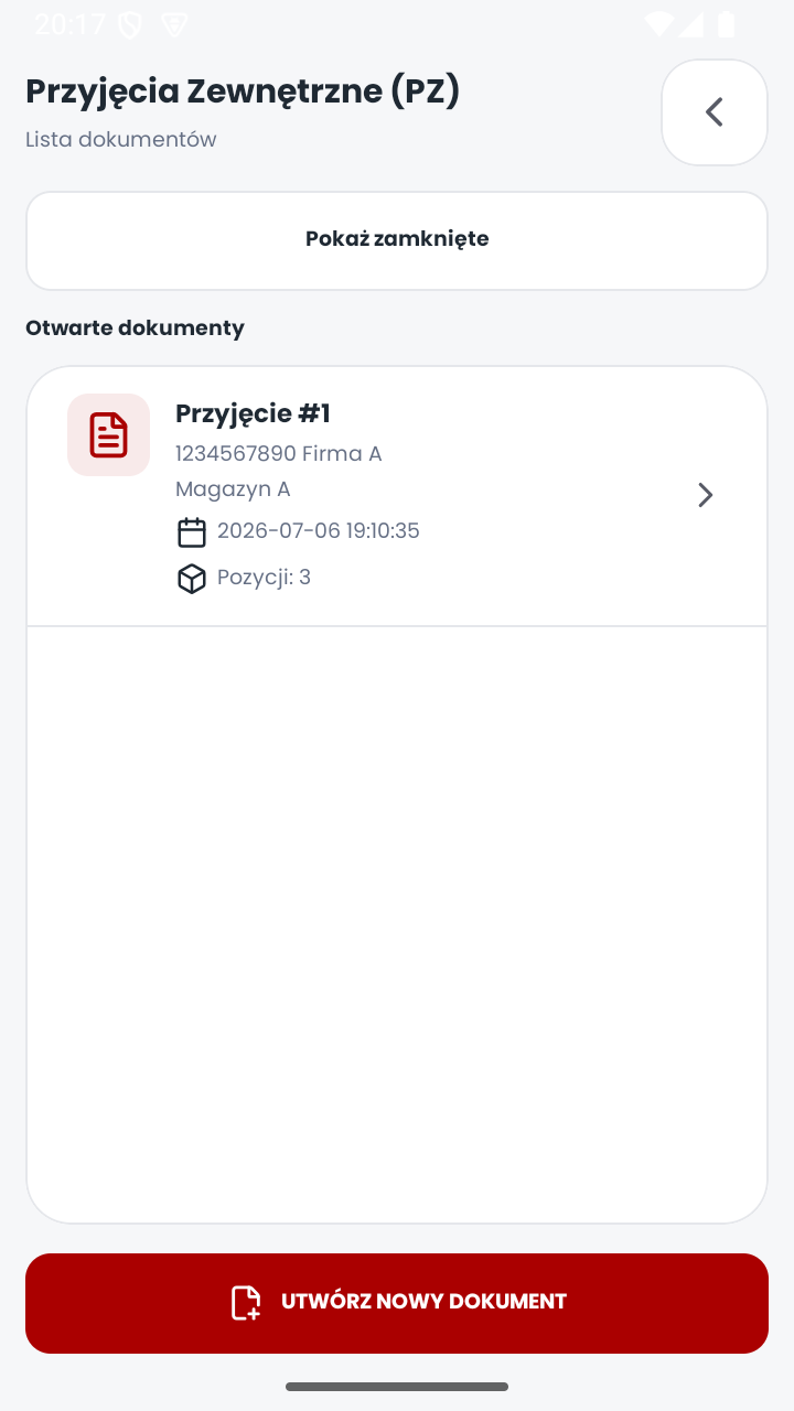 Lista dokumentów przyjęć zewnętrznych