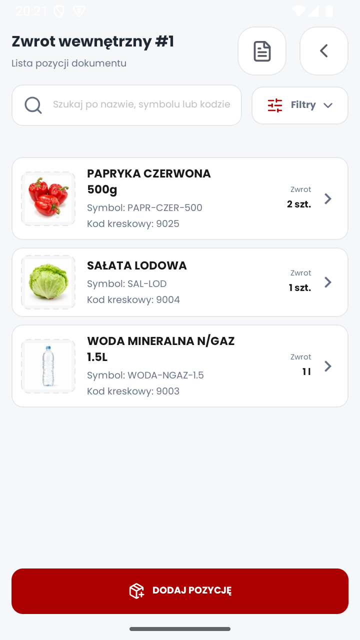 Lista pozycji dokumentu zwrotu