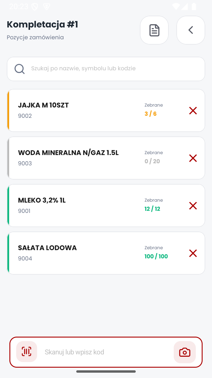 Lista pozycji dokumentu kompletacji