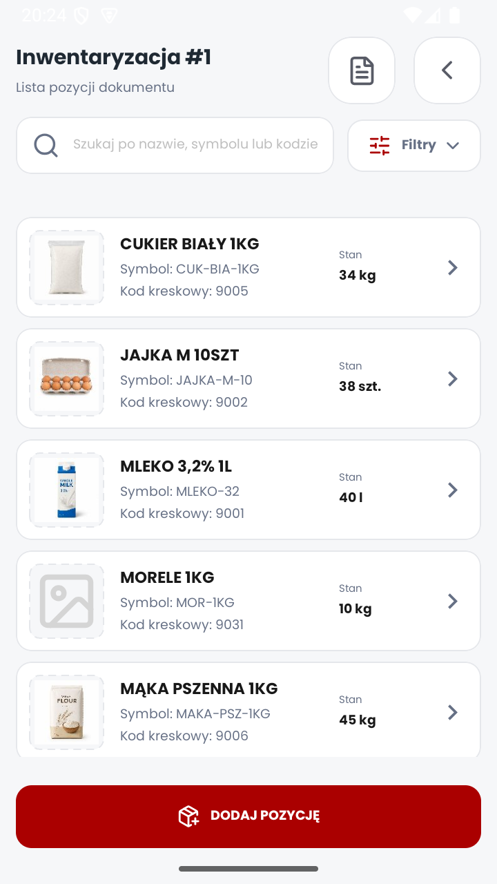 Lista pozycji spisu z natury z różnicami
