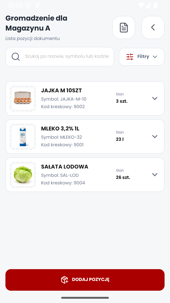 Lista pozycji dokumentu gromadzenia danych