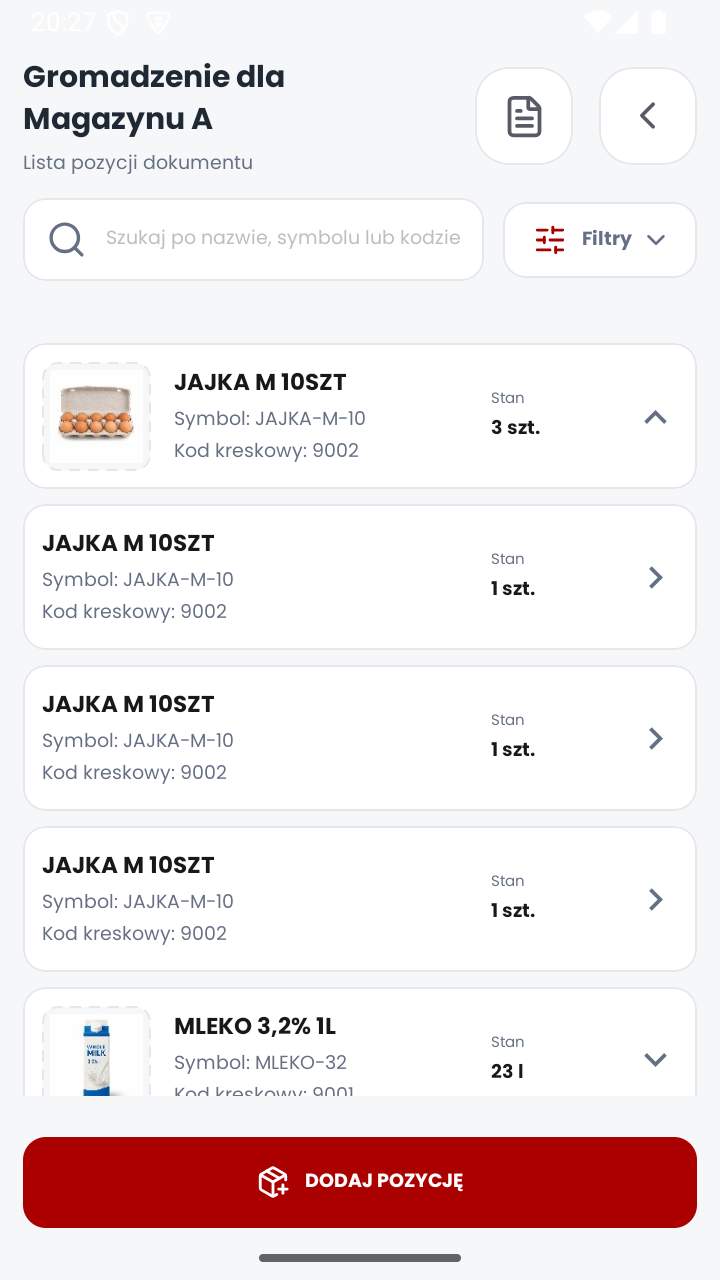 Lista pozycji z rozwiniętą pozycją zbiorczą