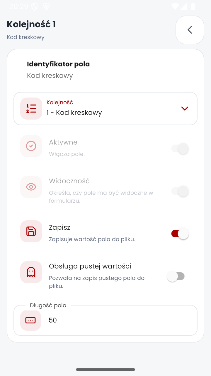 Ekran ustawień pojedynczego pola