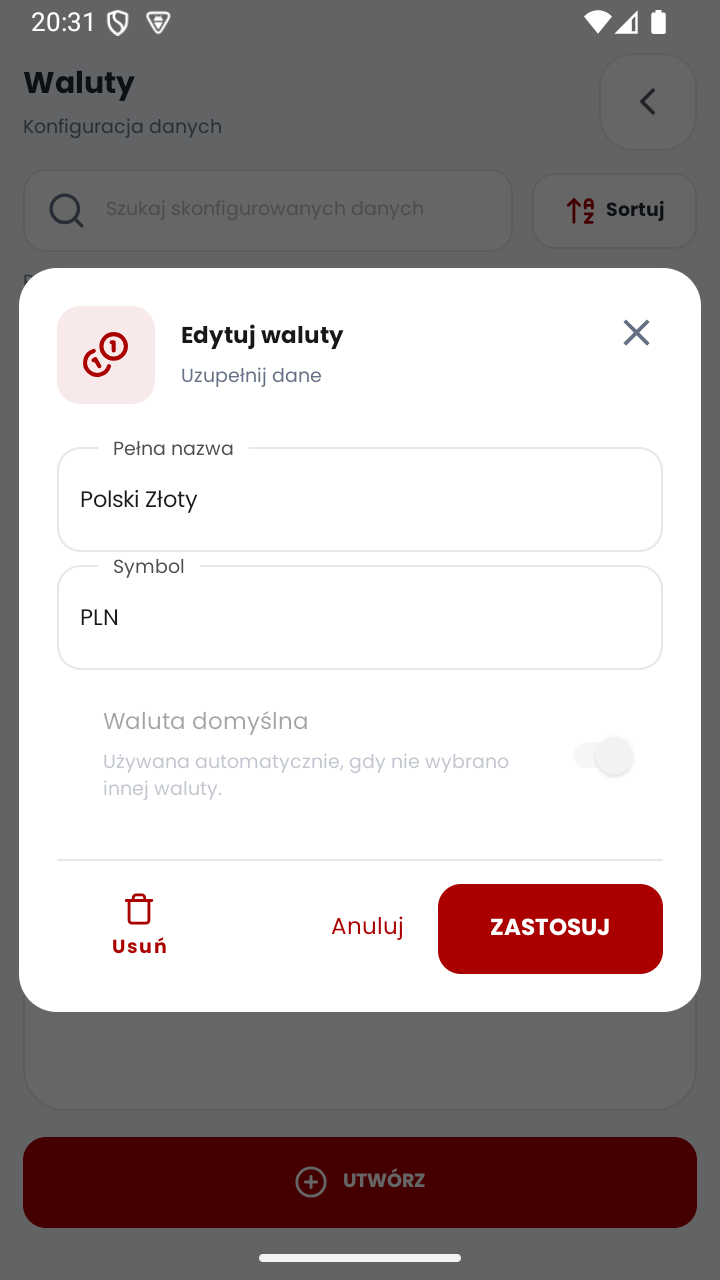 Okno edycji waluty