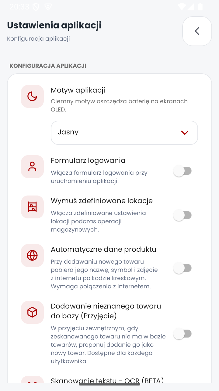 Ekran Ustawienia aplikacji
