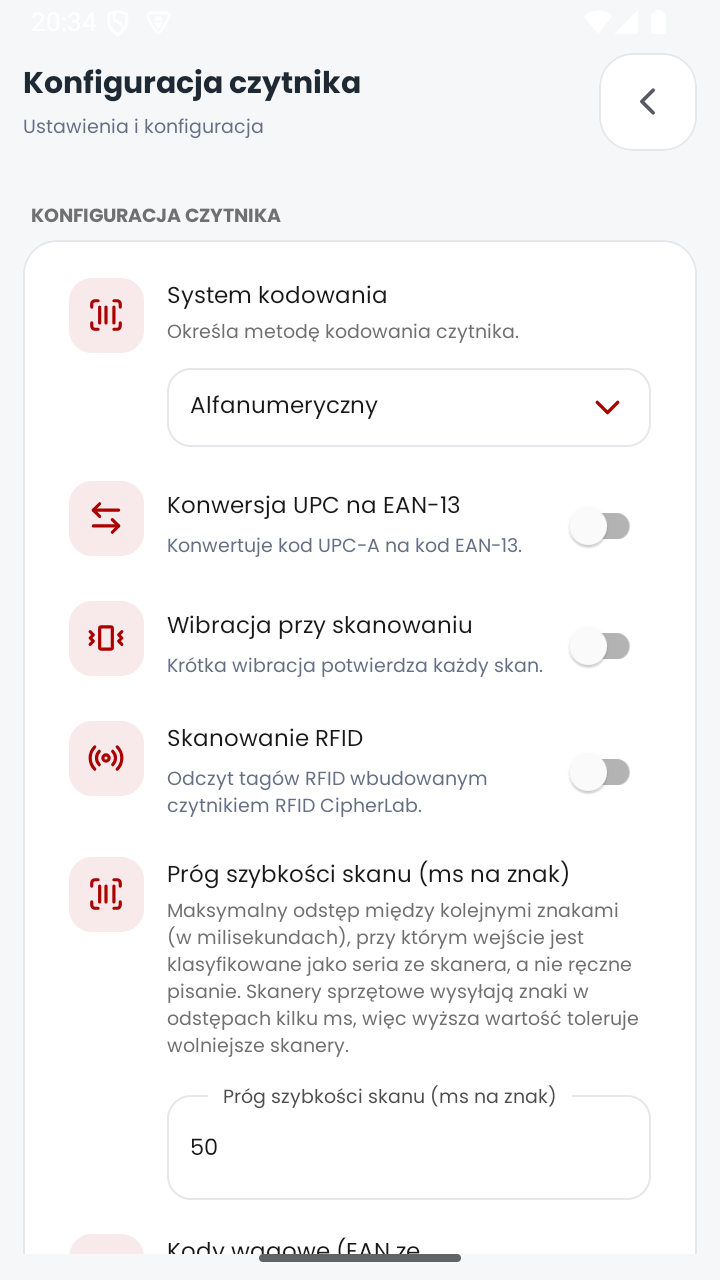 Ekran konfiguracji czytnika