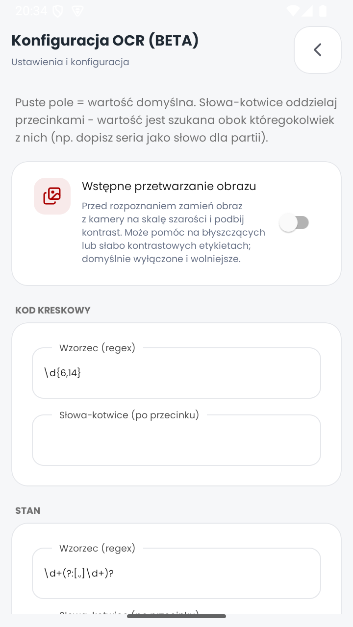 Ekran konfiguracji OCR