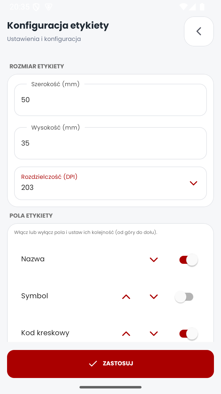 Ekran konfiguracji etykiety