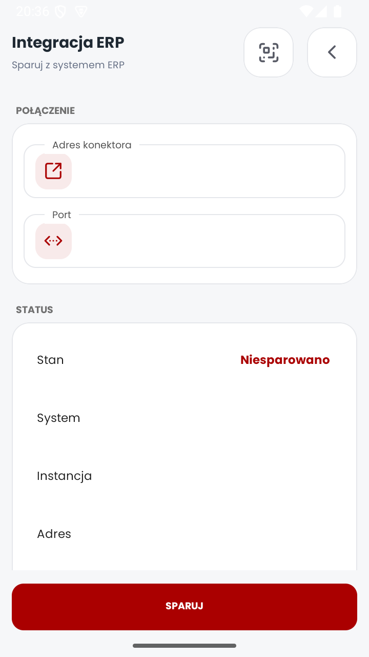 Ekran integracji z systemem ERP