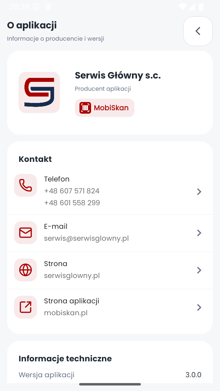 Ekran O aplikacji