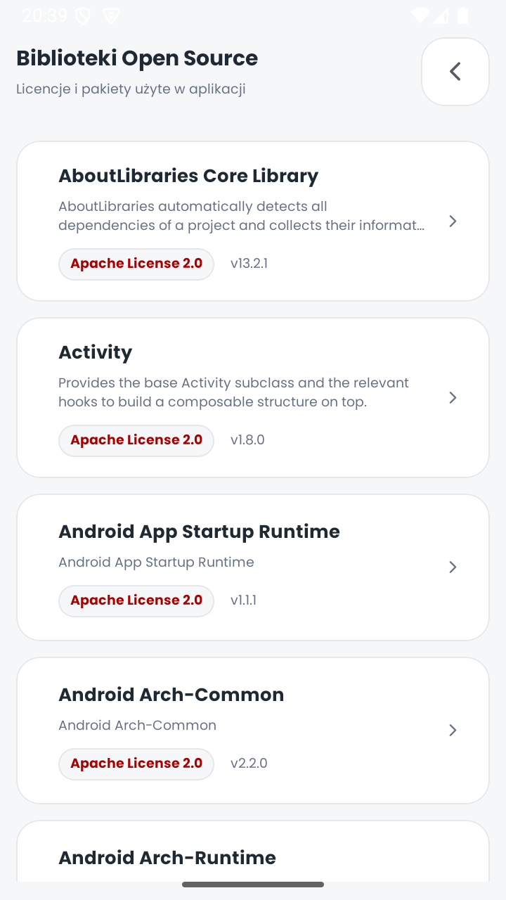 Ekran licencji bibliotek Open Source