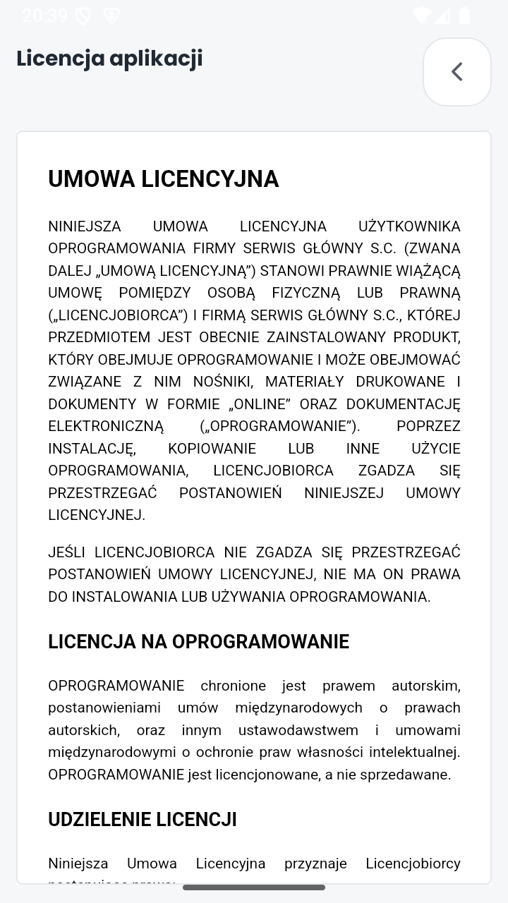 Ekran z treścią licencji aplikacji