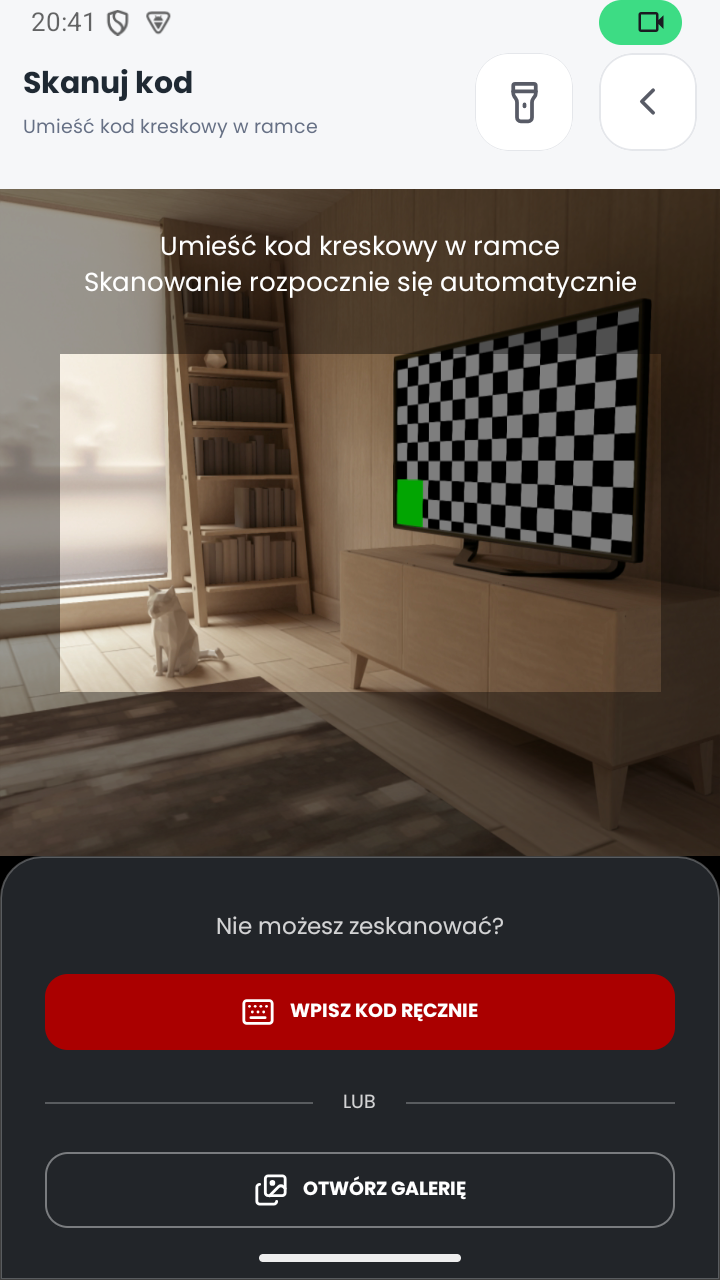 Ekran skanowania kodu aparatem